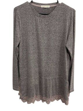Cactus + Pearl Medium Gray Heathered Long Sleeve Top Lace Hem Boho Cottagecore